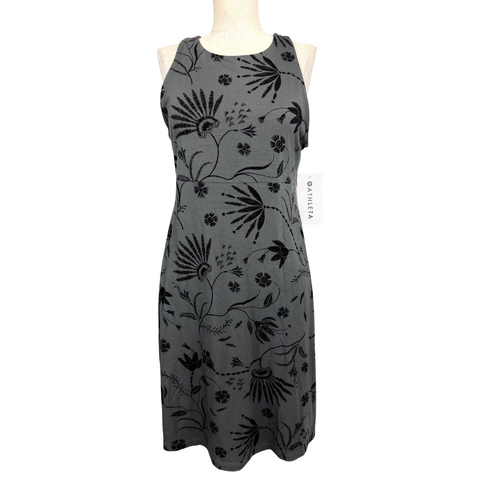 Athleta Santorini Printed High Neck Dress Grey Floral Empire Waist Sleeveless M